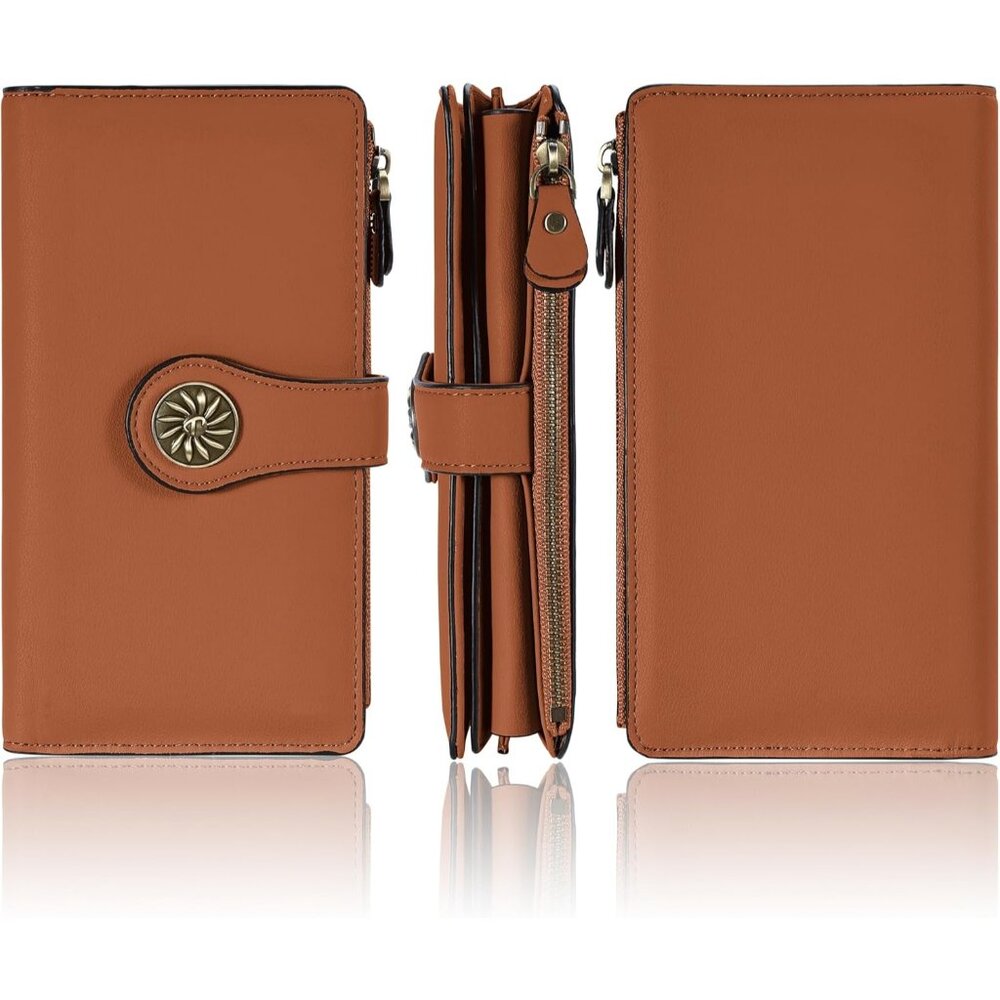 New Luxury Waxed Leather RFID Wallet for Women Large Capacity Clutch - Tan - Picture 7 of 9